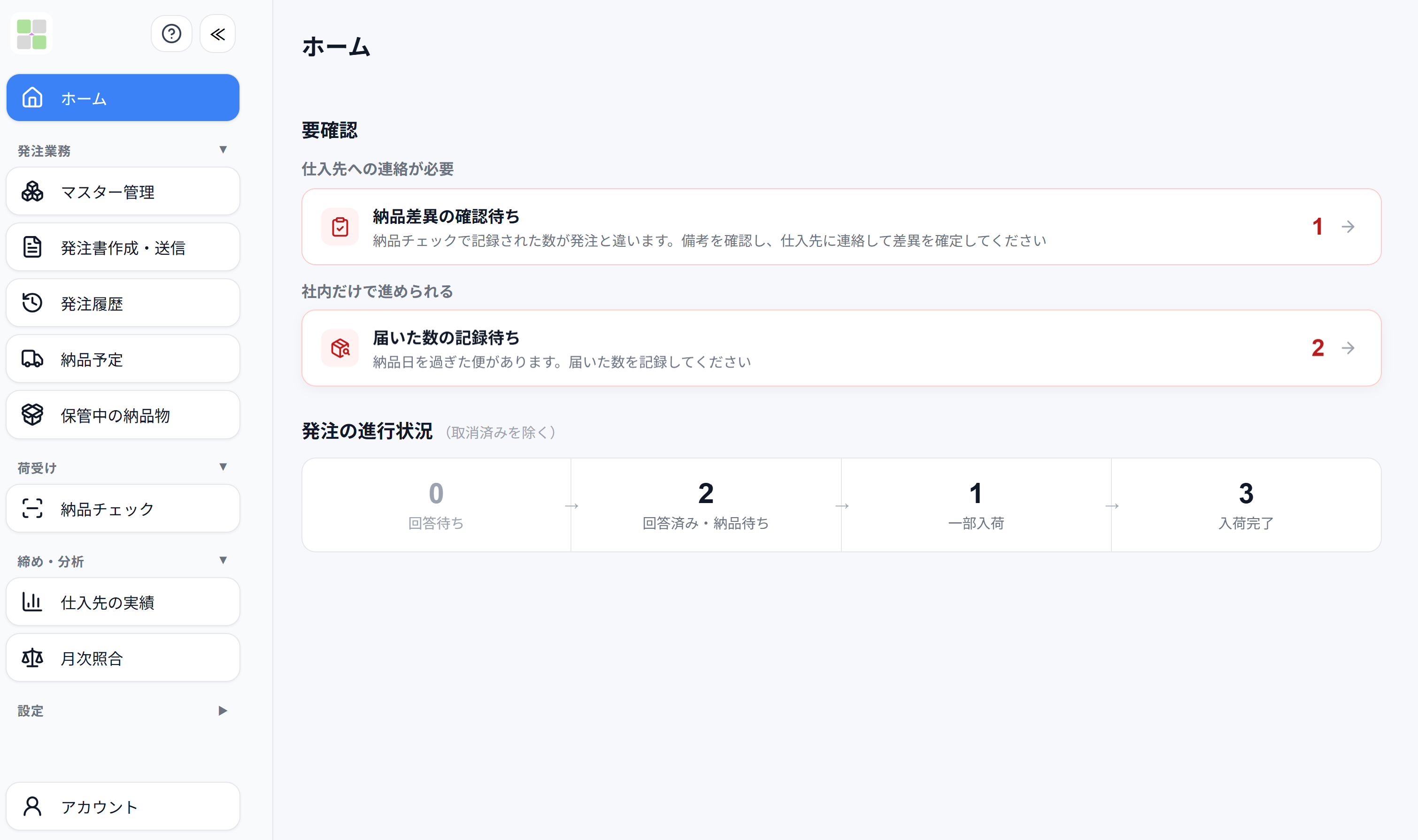 Hatsuclaのホーム画面。要確認リストと発注の進行状況が表示されている